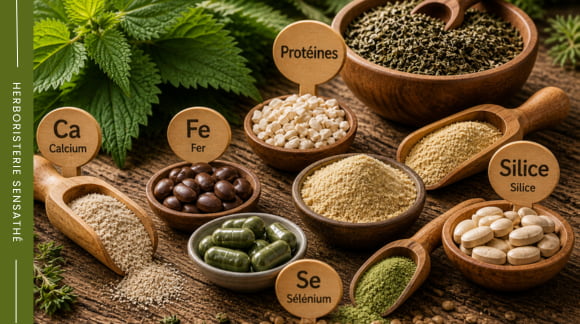 Feuilles d’ortie séchées et composition riche en fer, calcium, silice et protéines en herboristerie - Herboristerie Sensathé Feuilles d’ortie séchées et composition riche en fer, calcium, silice et protéines en herboristerie - Herboristerie Sensathé